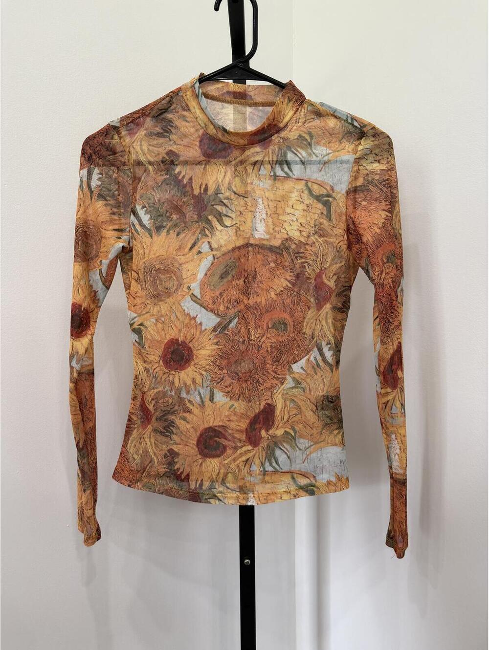 SheIn XS Long Sleeve Sheer Sunflower Print Top